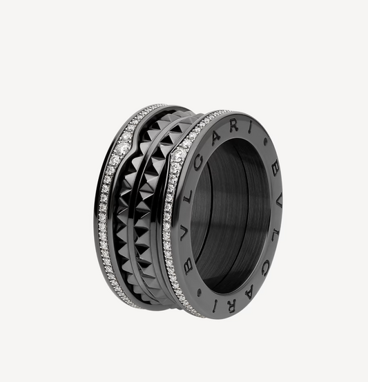 [ELAN LUXE]ZERO 1 ROCK FOUR-BAND BLACK CERAMIC WITH STUDDED SPIRAL AND PAVED DIAMONDS RING