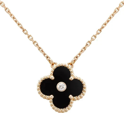 [ELAN LUXE]CLOVER 15MM DIAMOND ONYX NECKLACE
