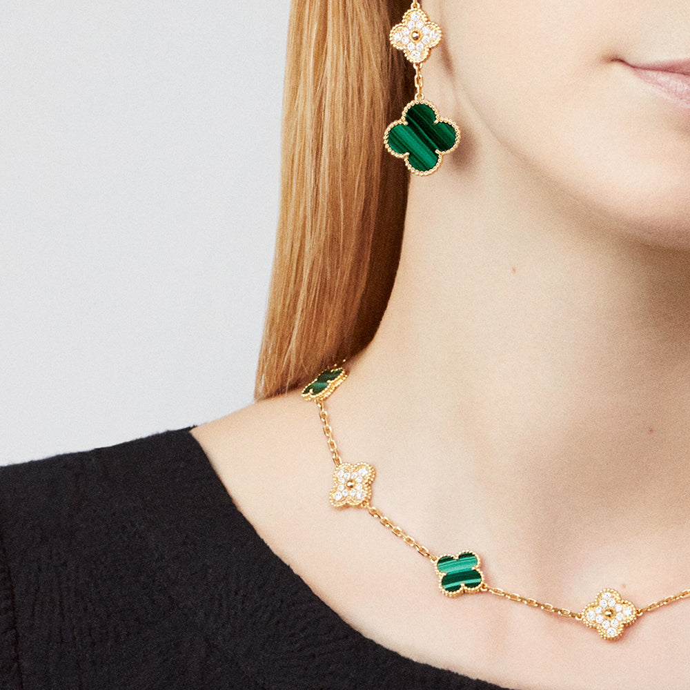 [ELAN LUXE]CLOVER 10 MOTIFS MALACHITE DIAMOND NECKLACE