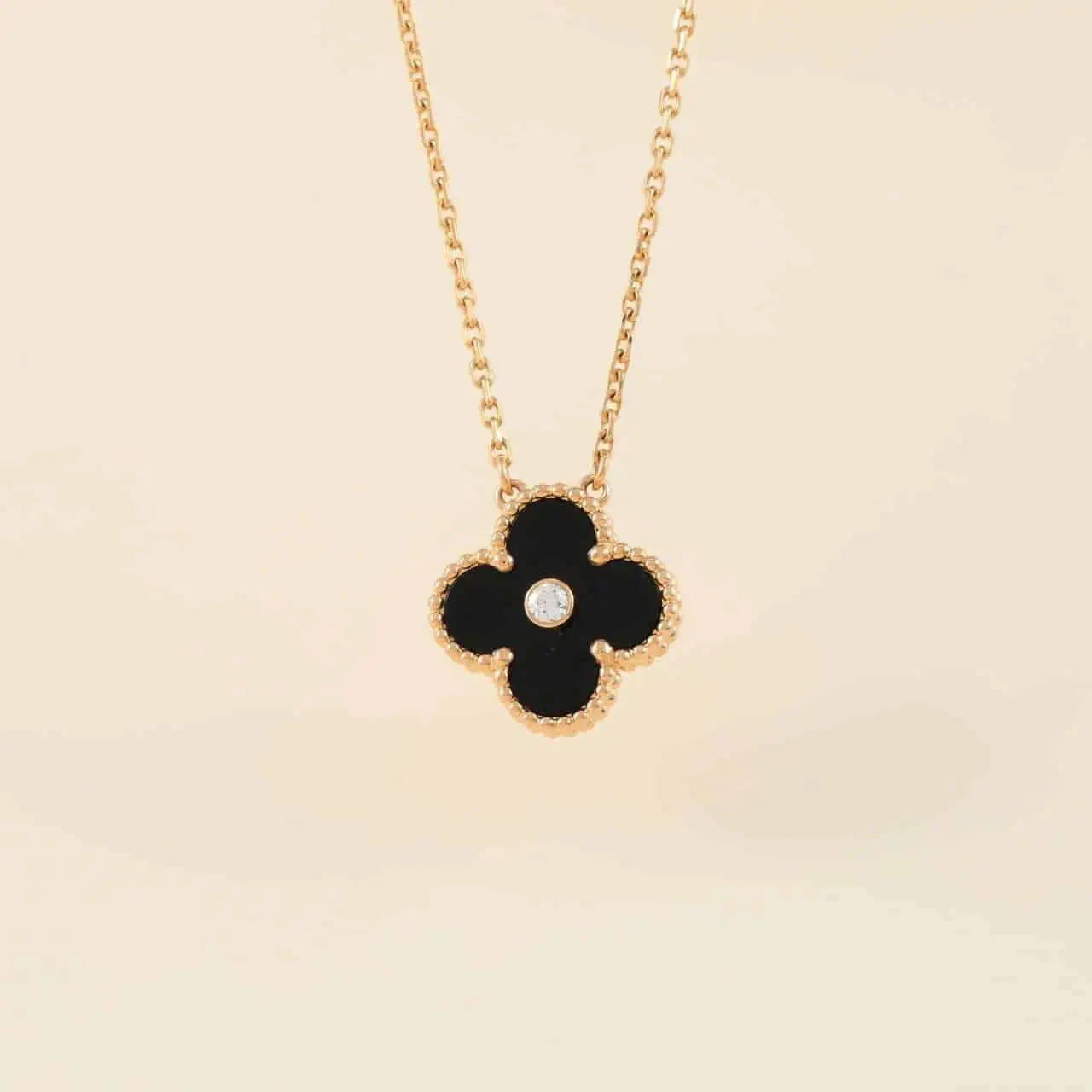 [ELAN LUXE]CLOVER 15MM DIAMOND ONYX NECKLACE