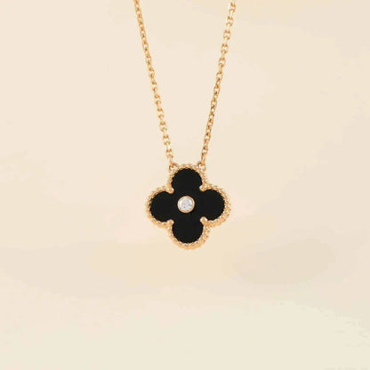 [ELAN LUXE]CLOVER 15MM DIAMOND ONYX NECKLACE