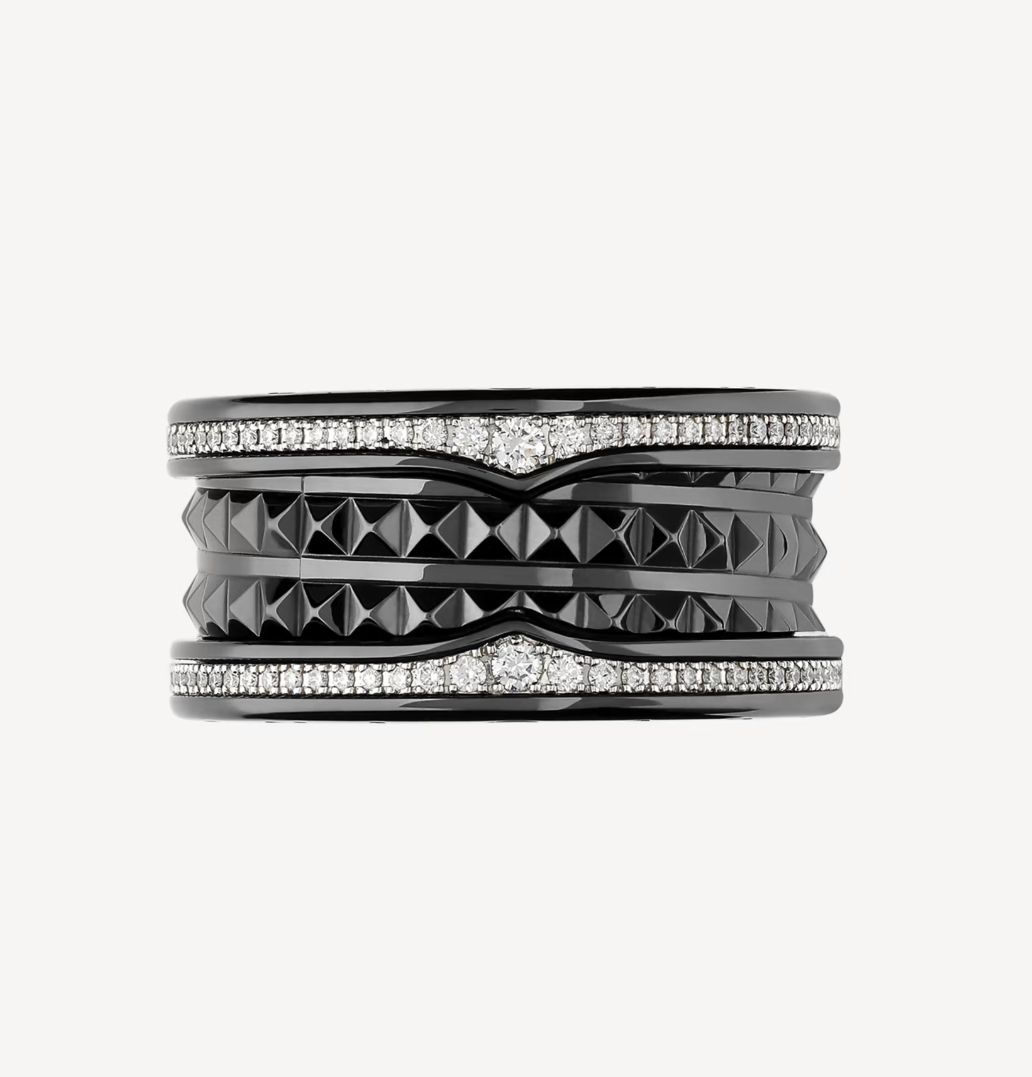 [ELAN LUXE]ZERO 1 ROCK FOUR-BAND BLACK CERAMIC WITH STUDDED SPIRAL AND PAVED DIAMONDS RING