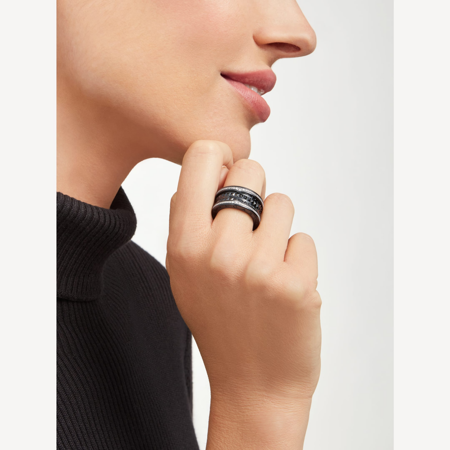 [ELAN LUXE]ZERO 1 ROCK FOUR-BAND BLACK CERAMIC WITH STUDDED SPIRAL AND PAVED DIAMONDS RING