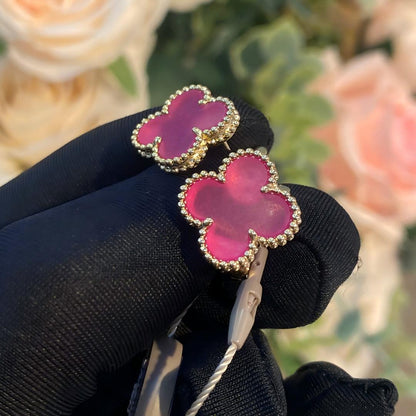 [ELAN LUXE]NEW CLOVER 1 MOTIF PINK ENAMEL STUD EARRINGS