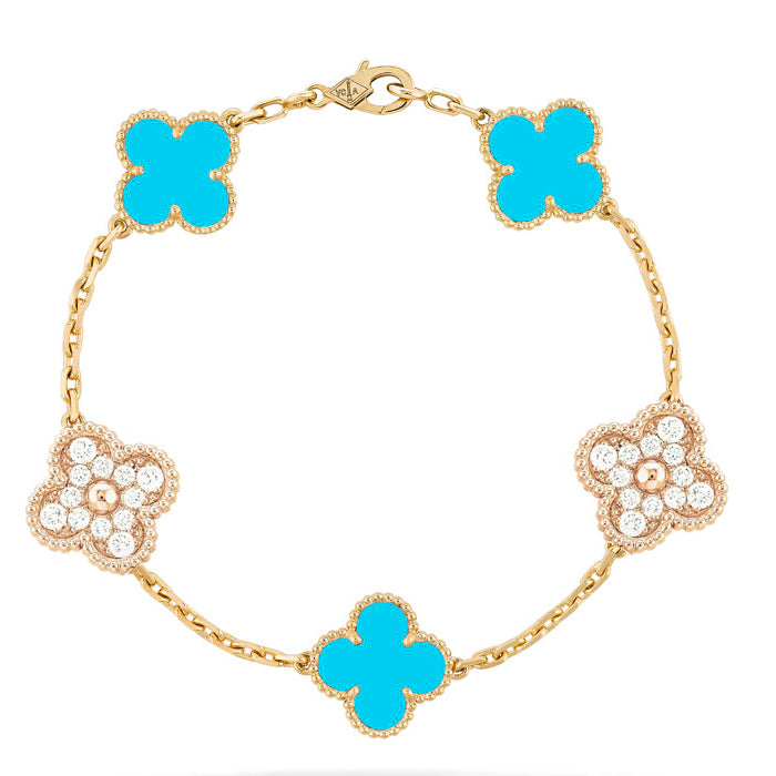 [ELAN LUXE]CLOVER 5 MOTIF TURQUOISE DIAMOND GOLD BRACELET