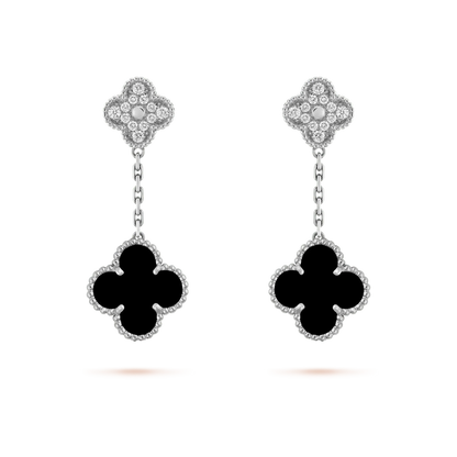 [ELAN LUXE]CLOVER 2 MOTIFS  DIAMOND ONYX EARRINGS SILVER