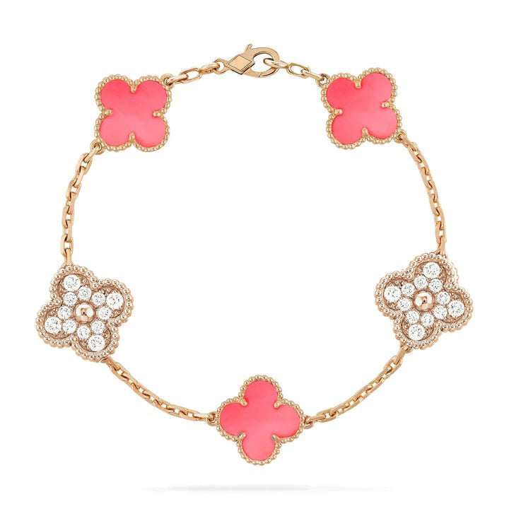 [ELAN LUXE]CLOVER 5 MOTIF DIAMOND PINK MOP PINK GOLD BRACELET