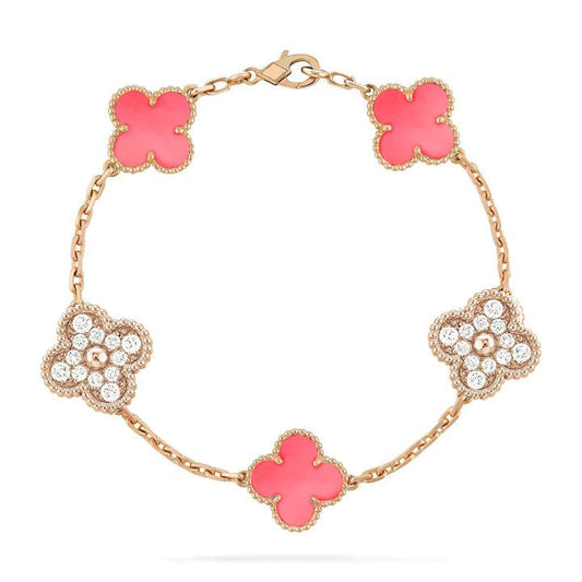 [ELAN LUXE]CLOVER 5 MOTIF DIAMOND PINK MOP PINK GOLD BRACELET