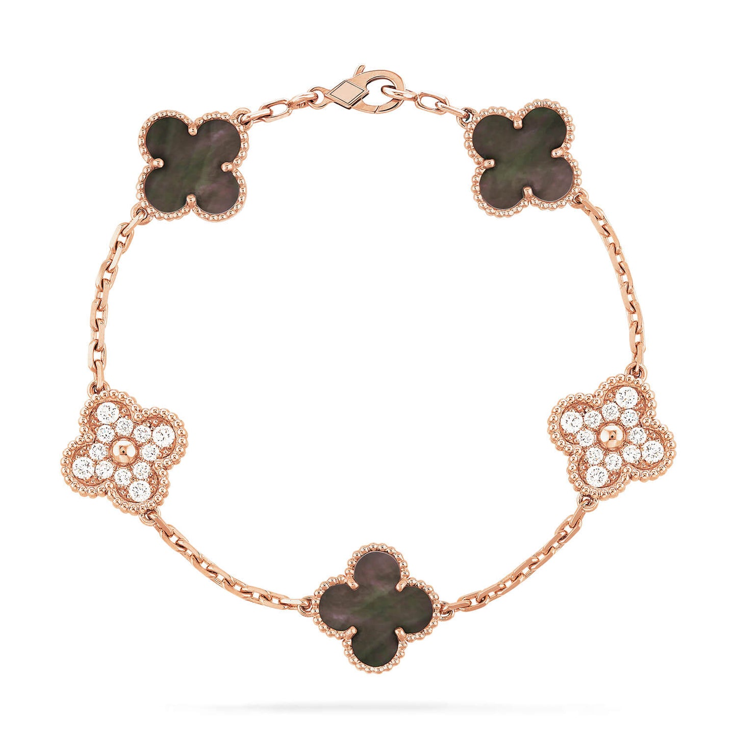[ELAN LUXE]CLOVER 5 MOTIFS DARK MOP AND DIAMONDS PINK GOLD BRACELET