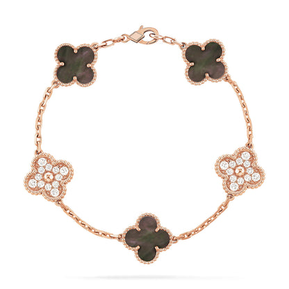 [ELAN LUXE]CLOVER 5 MOTIFS DARK MOP AND DIAMONDS PINK GOLD BRACELET