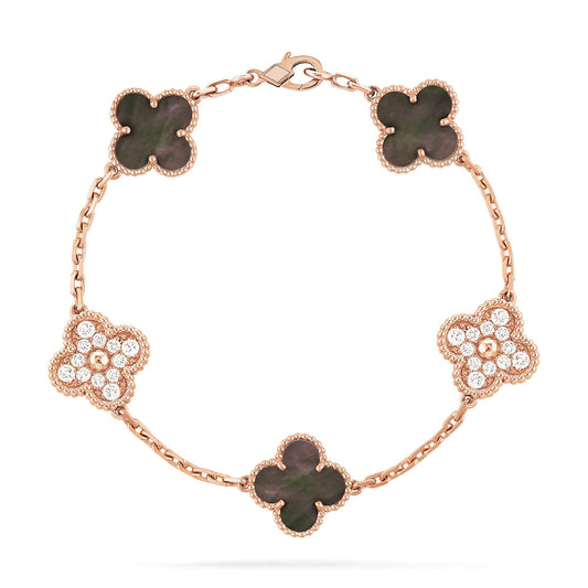 [ELAN LUXE]CLOVER 5 MOTIFS DARK MOP AND DIAMONDS PINK GOLD BRACELET
