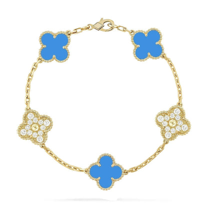 [ELAN LUXE]CLOVER 5 MOTIF BLUE CHALCEDONY DIAMOND GOLD BRACELET