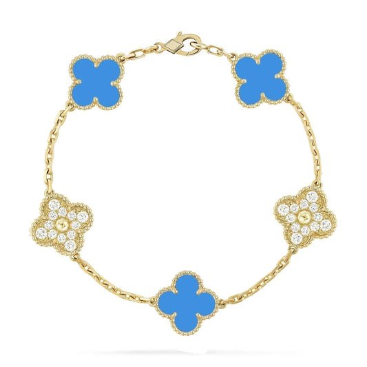 [ELAN LUXE]CLOVER 5 MOTIF BLUE CHALCEDONY DIAMOND GOLD BRACELET