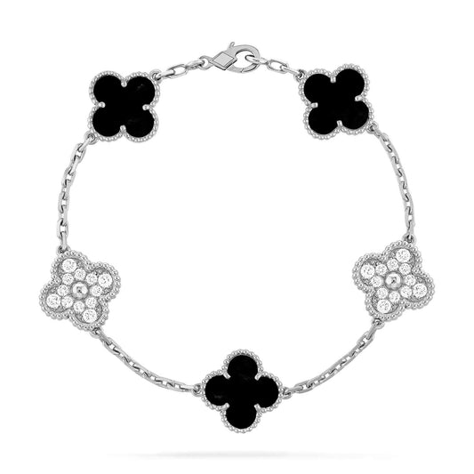 [ELAN LUXE]CLOVER 5 MOTIF ONYXS DIAMOND BRACELET SILVER