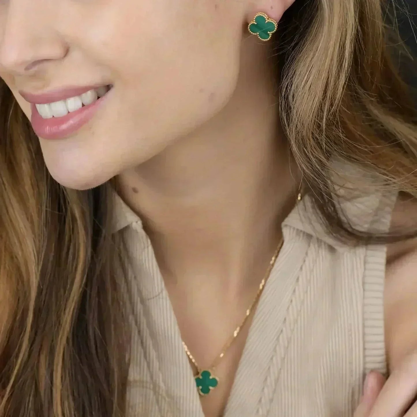 [ELAN LUXE]CLOVER MINI 9.5MM MALACHITE  EARRINGS
