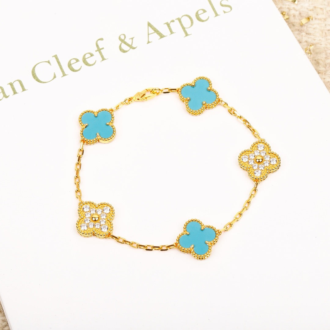 [ELAN LUXE]CLOVER 5 MOTIF TURQUOISE DIAMOND GOLD BRACELET