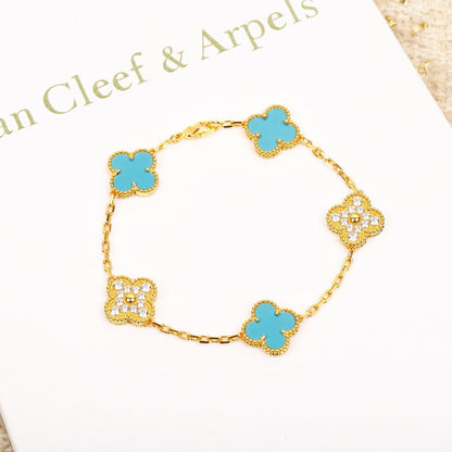 [ELAN LUXE]CLOVER 5 MOTIF TURQUOISE DIAMOND GOLD BRACELET