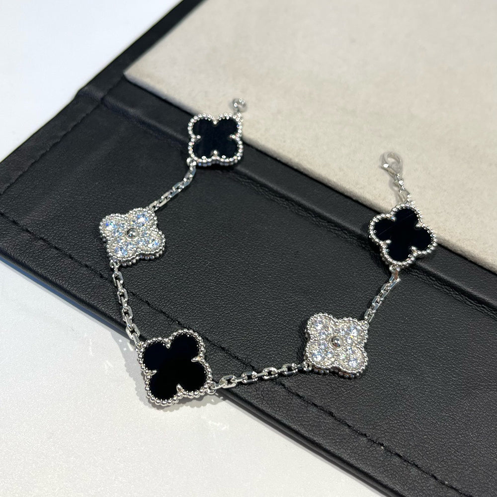 [ELAN LUXE]CLOVER 5 MOTIF ONYXS DIAMOND BRACELET SILVER
