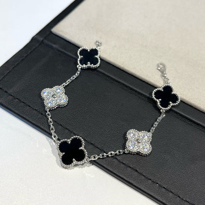 [ELAN LUXE]CLOVER 5 MOTIF ONYXS DIAMOND BRACELET SILVER