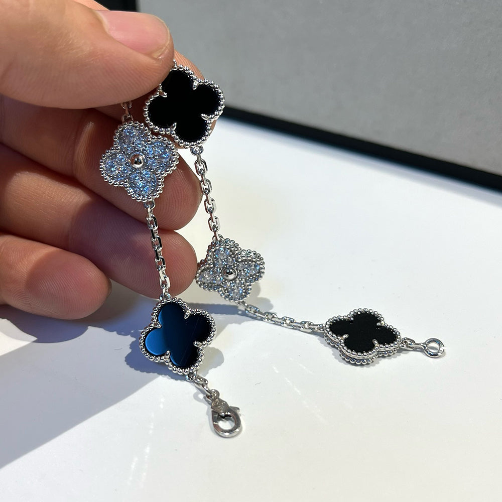 [ELAN LUXE]CLOVER 5 MOTIF ONYXS DIAMOND BRACELET SILVER