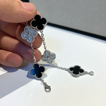[ELAN LUXE]CLOVER 5 MOTIF ONYXS DIAMOND BRACELET SILVER