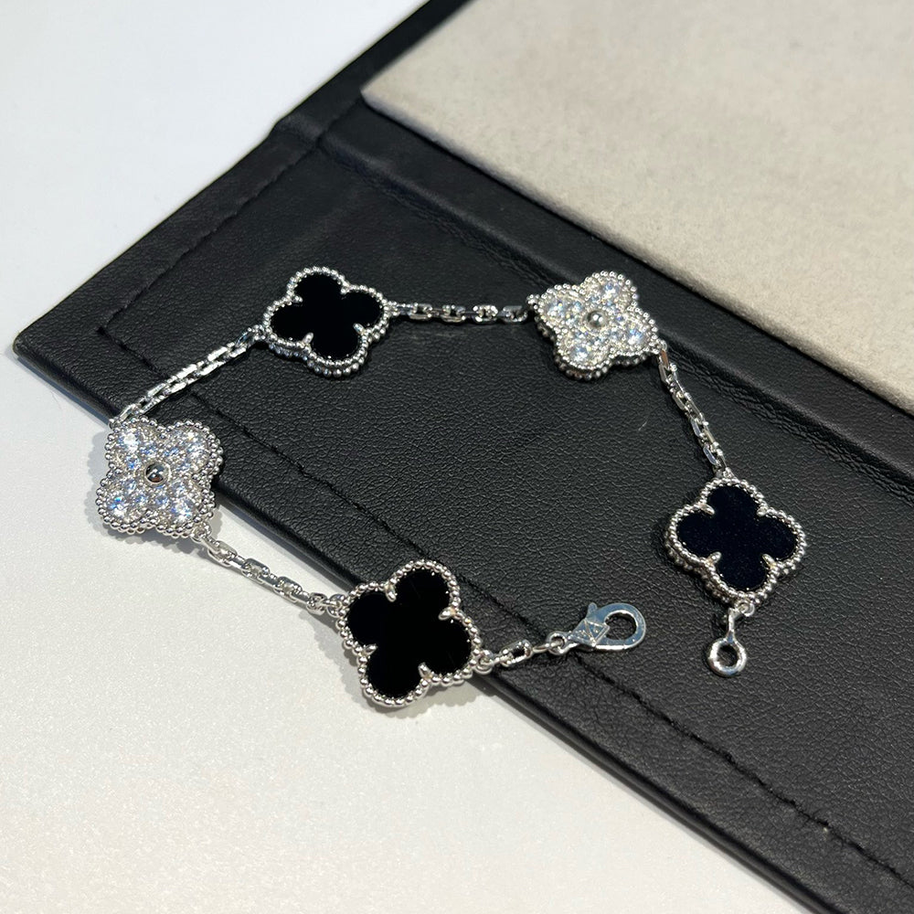 [ELAN LUXE]CLOVER 5 MOTIF ONYXS DIAMOND BRACELET SILVER