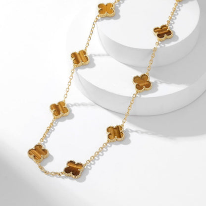 [ELAN LUXE]CLOVER 10 MOTIFS TIGER EYE NECKLACE