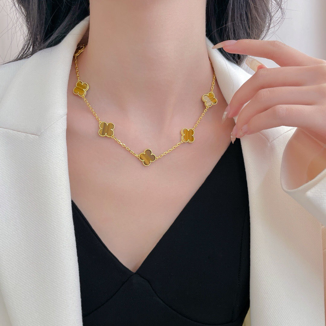 [ELAN LUXE]CLOVER 10 MOTIFS TIGER EYE NECKLACE