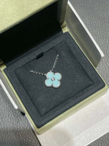 [ELAN LUXE]CLOVER 1 DIAMOND LIGHT BLUE SILVER NECKLACE
