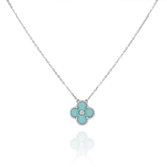 [ELAN LUXE]CLOVER 1 DIAMOND LIGHT BLUE SILVER NECKLACE