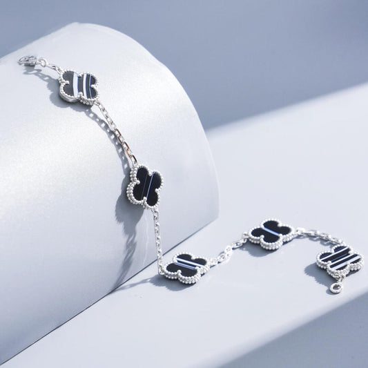 [ELAN LUXE]CLOVER 5 MOTIF VEINED ONYX BRACELET SILVER