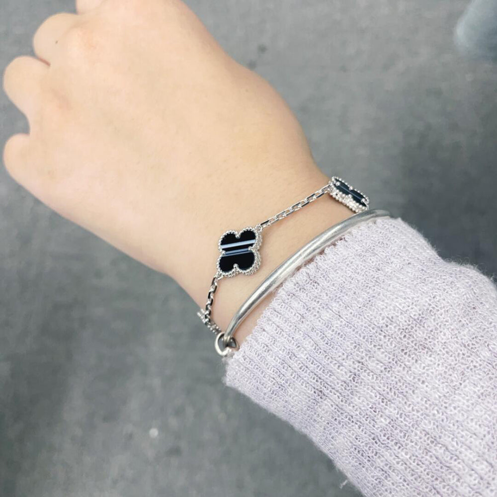 [ELAN LUXE]CLOVER 5 MOTIF VEINED ONYX BRACELET SILVER