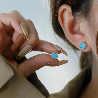 [ELAN LUXE]CLOVER MINI 9.5MM ONYX STUD EARRINGS SILVER