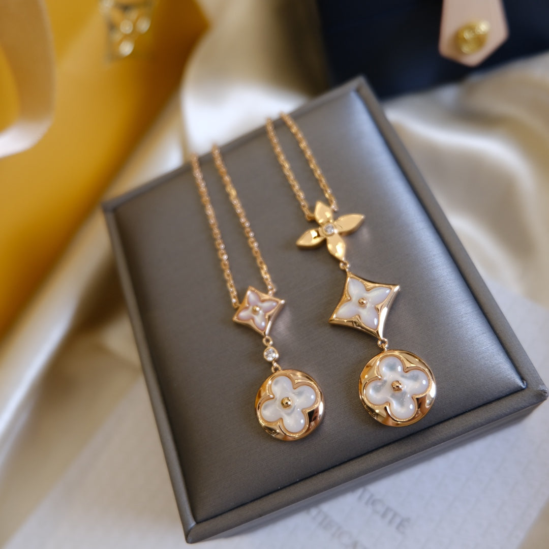 [ELAN LUXE]COLOR BLOSSOM LARIAT NECKLACE PINK GOLD WHITE MOTHER PEARL AND DIAMOND