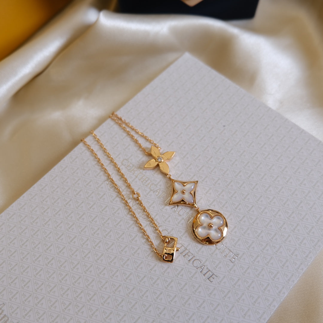 [ELAN LUXE]COLOR BLOSSOM LARIAT NECKLACE PINK GOLD WHITE MOTHER PEARL AND DIAMOND