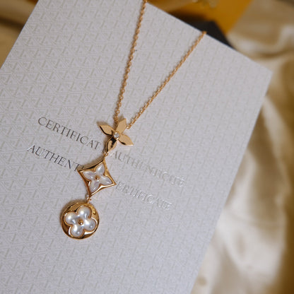 [ELAN LUXE]COLOR BLOSSOM LARIAT NECKLACE PINK GOLD WHITE MOTHER PEARL AND DIAMOND