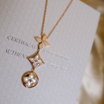 [ELAN LUXE]COLOR BLOSSOM LARIAT NECKLACE PINK GOLD WHITE MOTHER PEARL AND DIAMOND