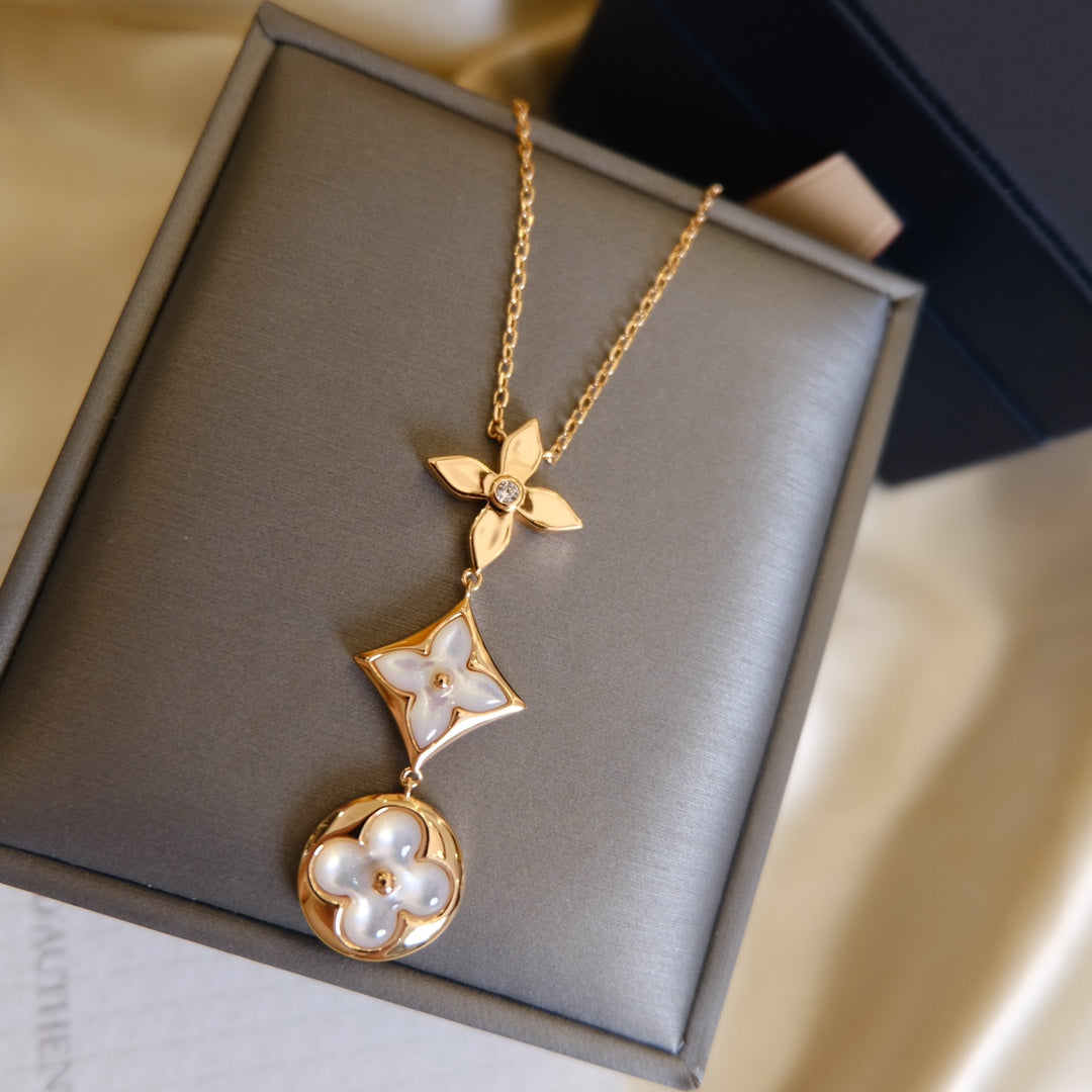 [ELAN LUXE]COLOR BLOSSOM LARIAT NECKLACE PINK GOLD WHITE MOTHER PEARL AND DIAMOND