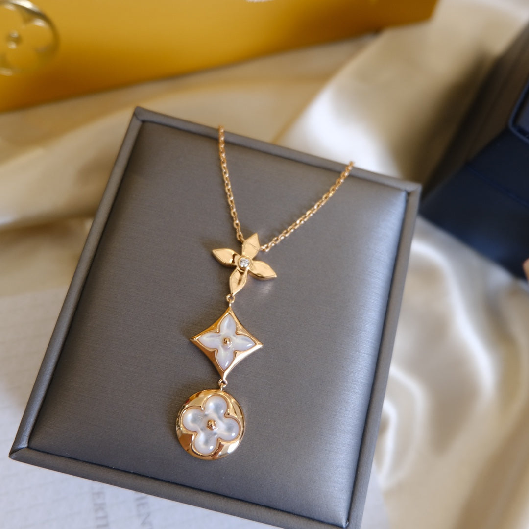 [ELAN LUXE]COLOR BLOSSOM LARIAT NECKLACE PINK GOLD WHITE MOTHER PEARL AND DIAMOND