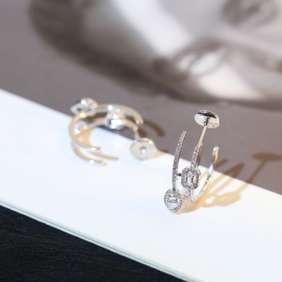 [ELAN LUXE]CREOLES MY TWIN 2 RANGS SILVER DIAMOND EARRINGS
