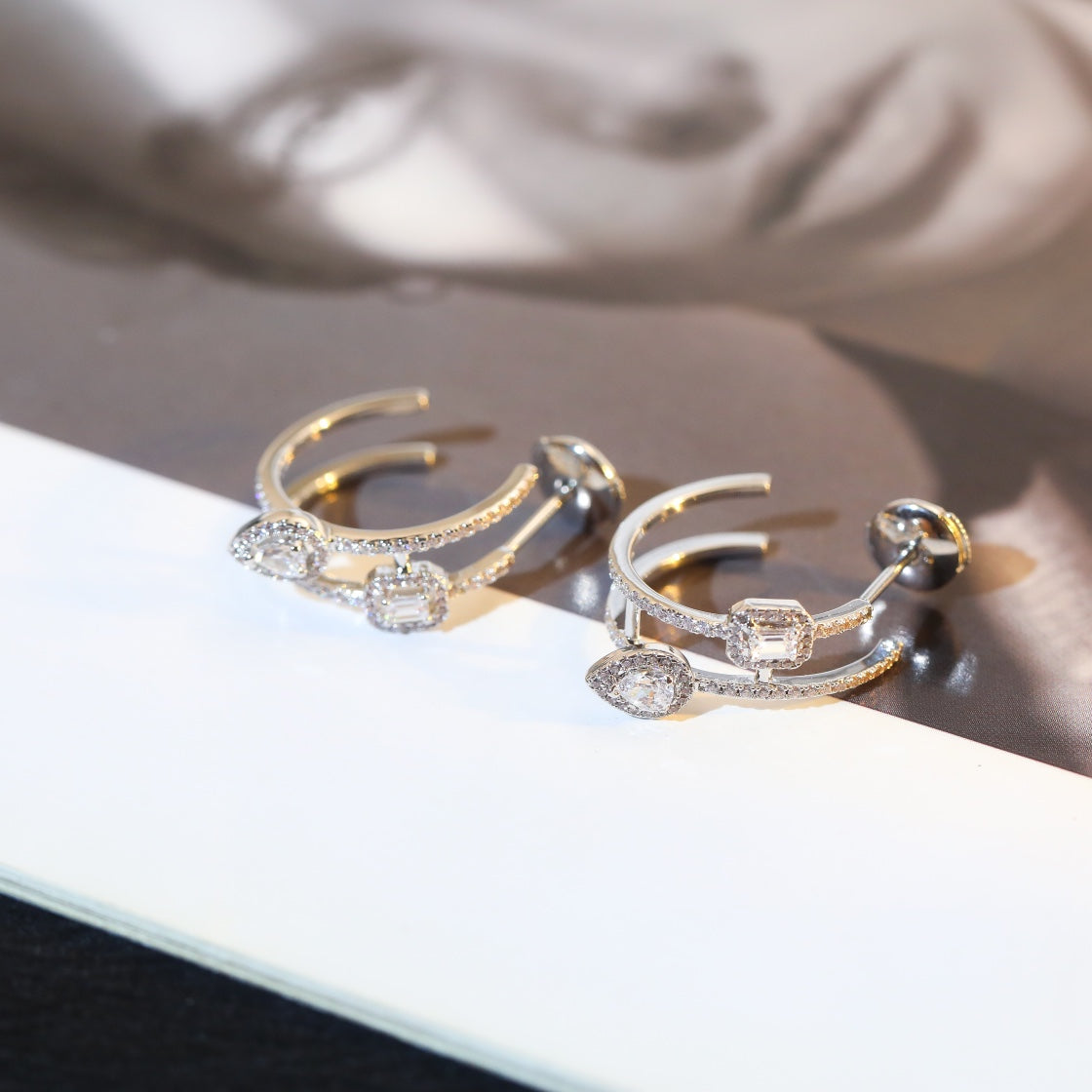 [ELAN LUXE]CREOLES MY TWIN 2 RANGS SILVER DIAMOND EARRINGS