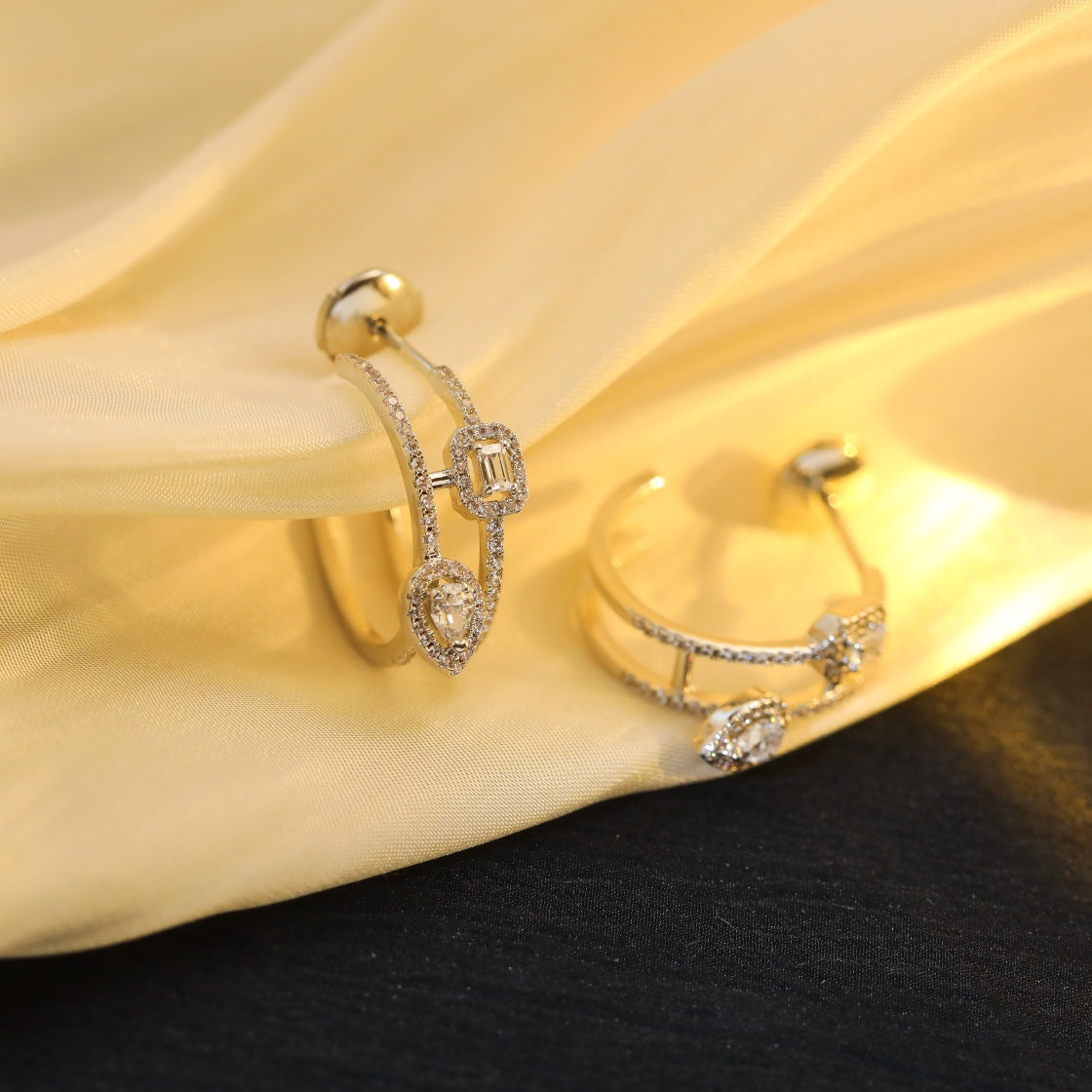 [ELAN LUXE]CREOLES MY TWIN 2 RANGS SILVER DIAMOND EARRINGS