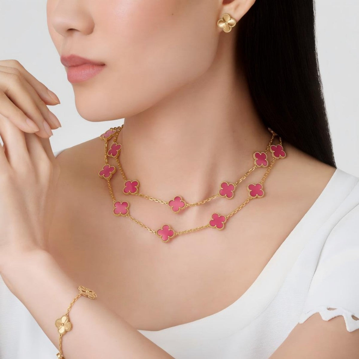 [ELAN LUXE] NEW CLOVER 20 MOTIFS PINK ENAMEL NECKLACE