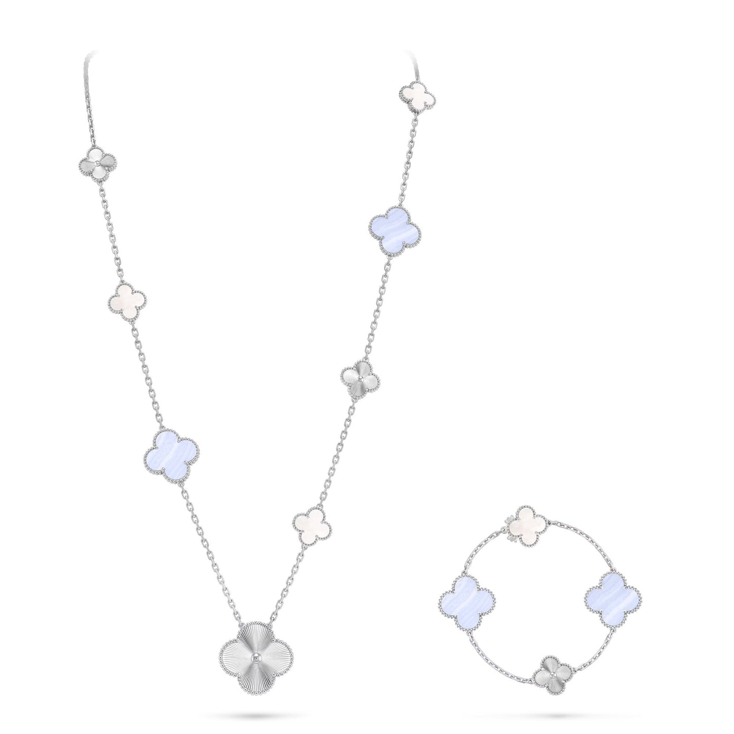 [ELAN LUXE]DETACHABLE CLOVER 15(11+4) FLOWER SILVER NECKLACE SET