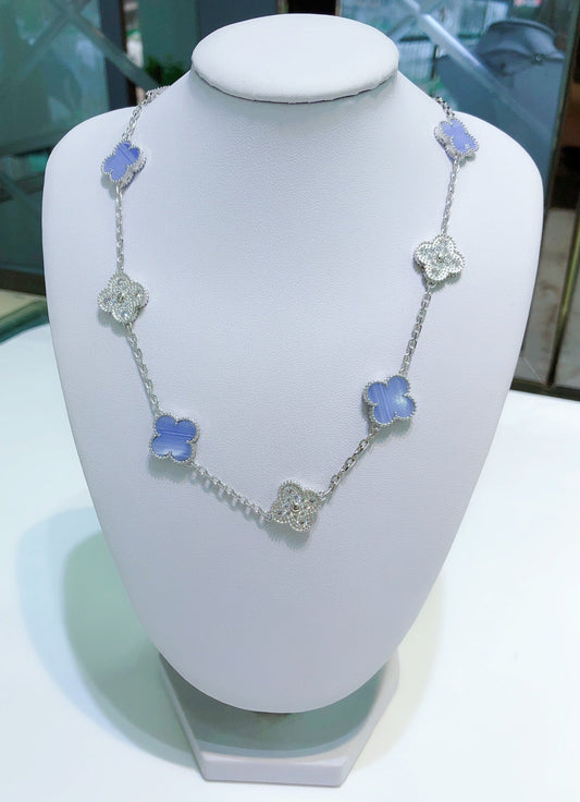 [ELAN LUXE]CLOVER 10 MOTIFS CHALCEDONY DIAMONDS SILVER NECKLACE