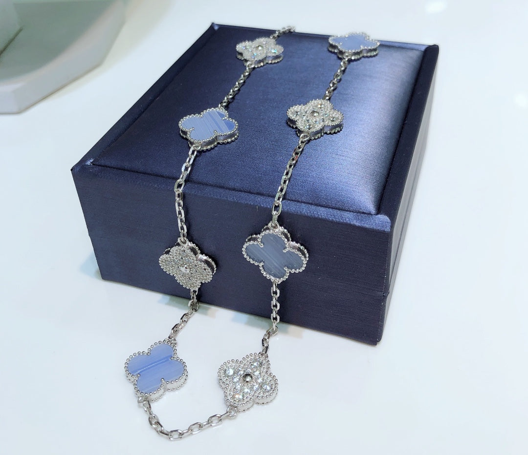 [ELAN LUXE]CLOVER 10 MOTIFS CHALCEDONY DIAMONDS SILVER NECKLACE