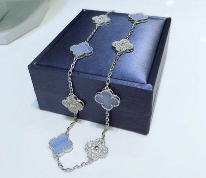 [ELAN LUXE]CLOVER 10 MOTIFS CHALCEDONY DIAMONDS SILVER NECKLACE