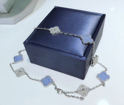 [ELAN LUXE]CLOVER 10 MOTIFS CHALCEDONY DIAMONDS SILVER NECKLACE