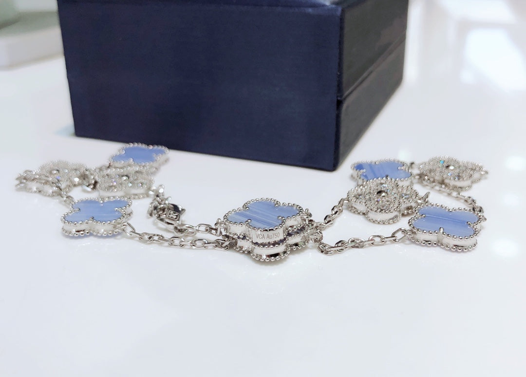 [ELAN LUXE]CLOVER 10 MOTIFS CHALCEDONY DIAMONDS SILVER NECKLACE