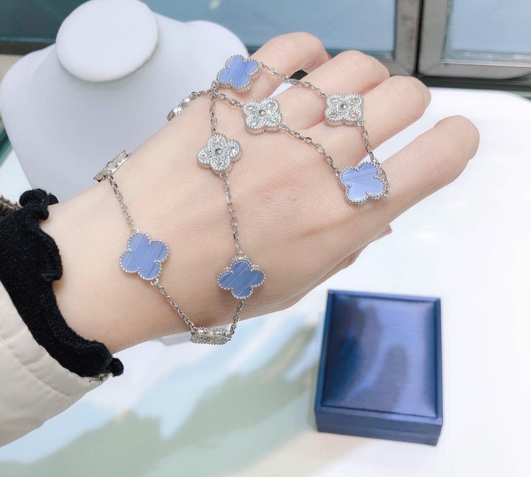 [ELAN LUXE]CLOVER 10 MOTIFS CHALCEDONY DIAMONDS SILVER NECKLACE